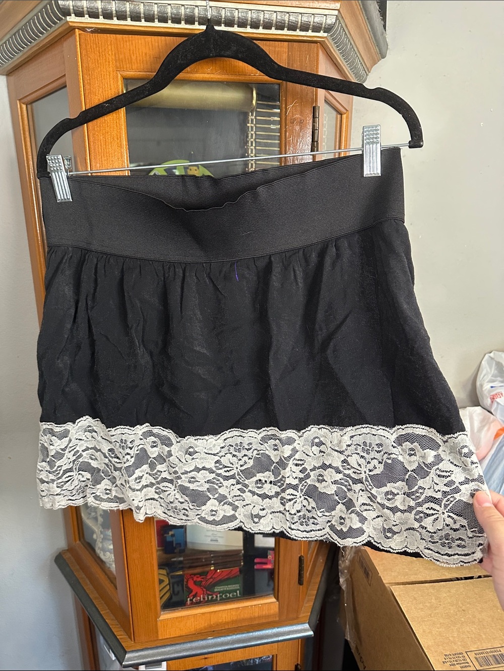 Stooshy Black Mini Skirt with Ivory Lace Hem